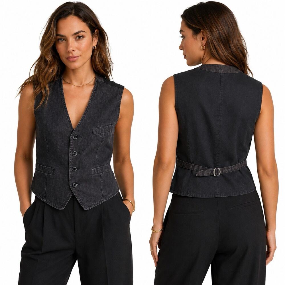 Express Women’s M Black Denim Waistcoat Vest 2007 Y2K Tailored Adjustable Back